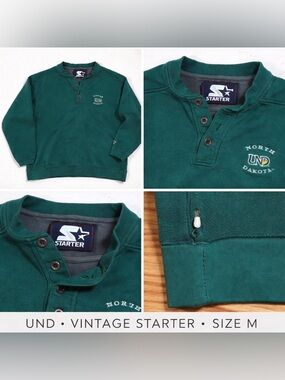 Vintage UND North Dakota Starter Sweatshirt Rare Green Henley Logo Men’s M